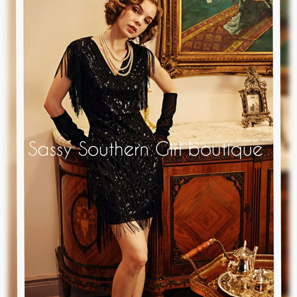 ⭐🆕 Gatsby black sequin fringe flapper dress